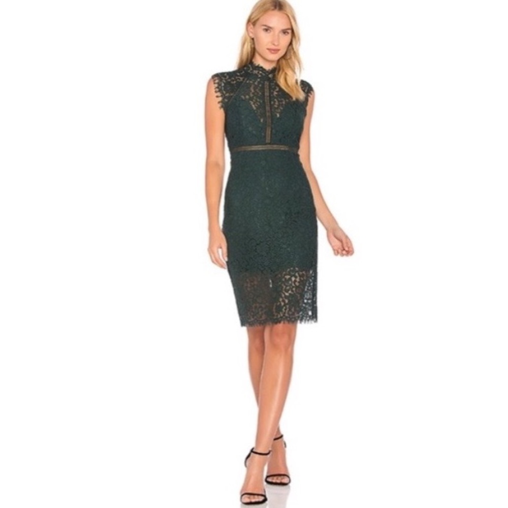 Bardot lace panel sheath cocktail midi dress in hunt green